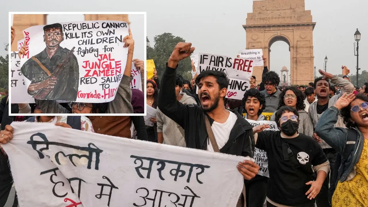 इंडिया गेट पर प्रदूषण विरोध प्रदर्शन विवादित: नक्सली कमांडर हिडमा के समर्थन में लगे नारे