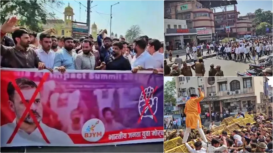 जयपुर में भाजपा युवा मोर्चा ने कांग्रेस कार्यालय के बाहर किया विरोध प्रदर्शन