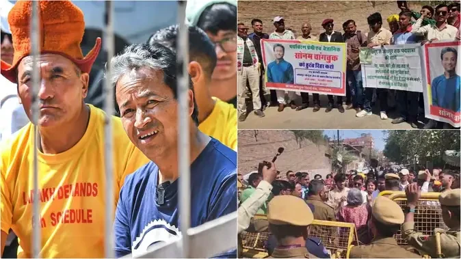 जोधपुर: सोनम वांगचुंग की रिहाई को लेकर सेंट्रल जेल के बाहर प्रदर्शन