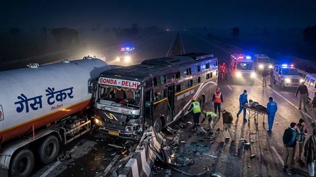 इटावा में एक्सप्रेसवे पर भीषण टक्कर, गैस टैंकर से भिड़ी दिल्ली जा रही बस, 5 घायल