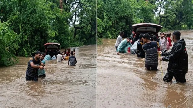 पालघर: बाढ़ के पानी में फंसी मरीज की कार, ग्रामीणों ने बचाई जान