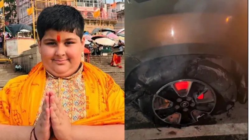 बाल कथावाचक अभिनव अरोड़ा का परिवार बाल-बाल बचा, यमुना एक्सप्रेसवे पर चलती कार में लगी आग