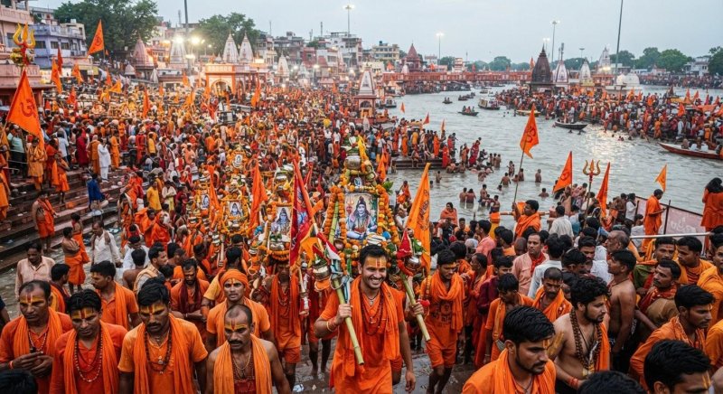 हरिद्वार में भगवा रंग में रंगे लाखों कांवड़िए, हर तरफ गूंज रहा 'बम-बम भोले'