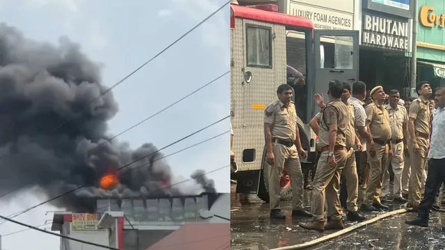 रोहतक: लाला लाजपत राय फर्नीचर मार्केट के शोरूम में लगी भीषण आग, मची अफरा-तफरी
