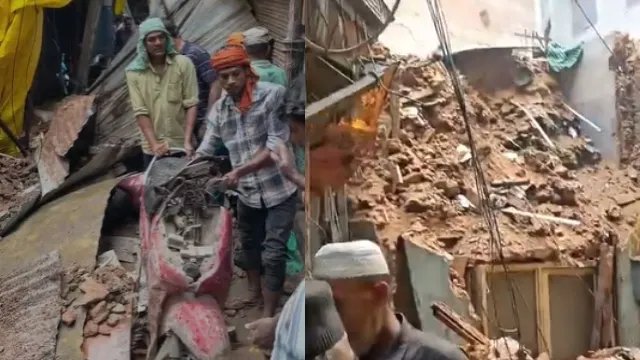 दिल्ली के पहाड़ी भोजला में जर्जर इमारत का हिस्सा भरभराकर गिरा, कई वाहन क्षतिग्रस्त