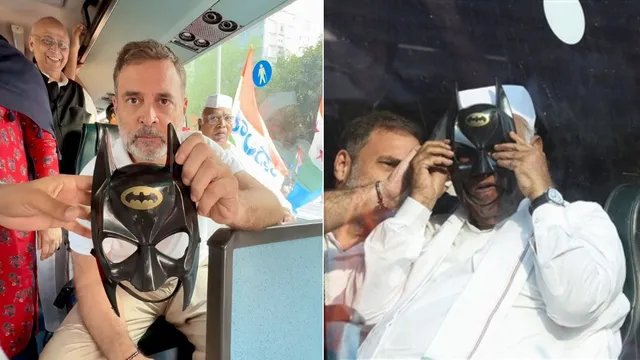 ज्ञानेश कुमार के इस्तीफे की मांग के बीच बैटमैन बने राहुल गांधी, खड़गे को भी पहनाया मास्क